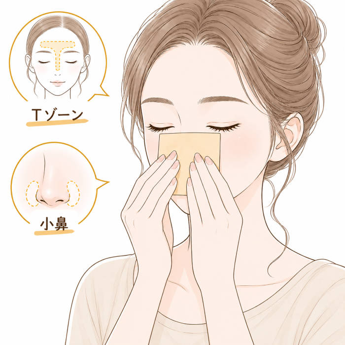 Tゾーンや小鼻にあぶらとり紙を使用する女性