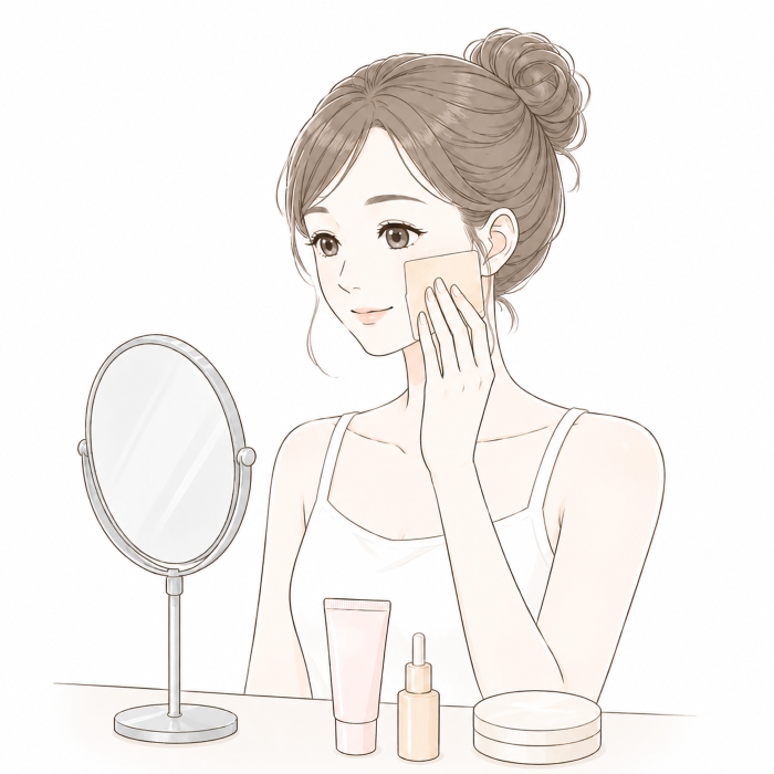 メイク前にあぶらとり紙を使用する女性