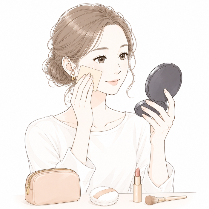 メイク直し前にあぶらとり紙を使用する女性