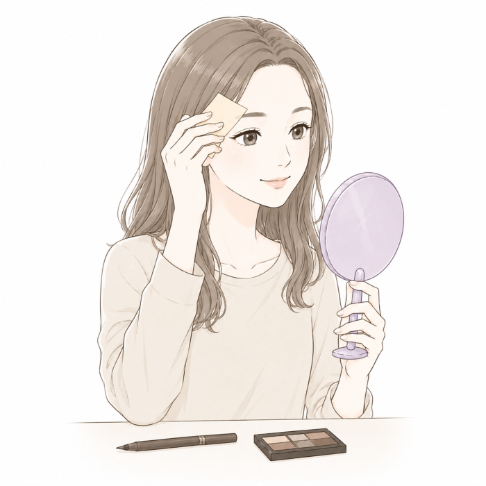 眉メイク前にあぶらとり紙を使用する女性
